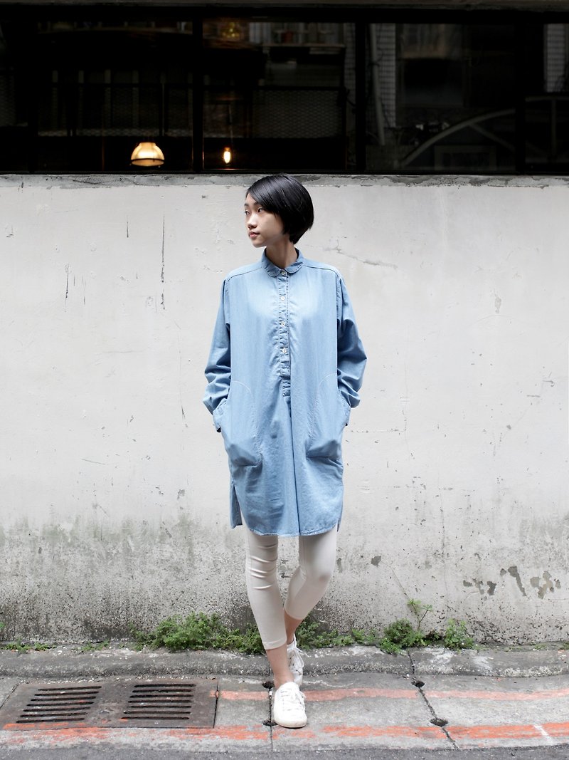 Omake襯衫式口袋長洋 （深丹寧） - 洋裝/連身裙 - 棉．麻 藍色