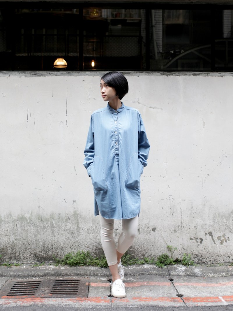 Omake襯衫式口袋長洋 （深丹寧） - One Piece Dresses - Cotton & Hemp Blue