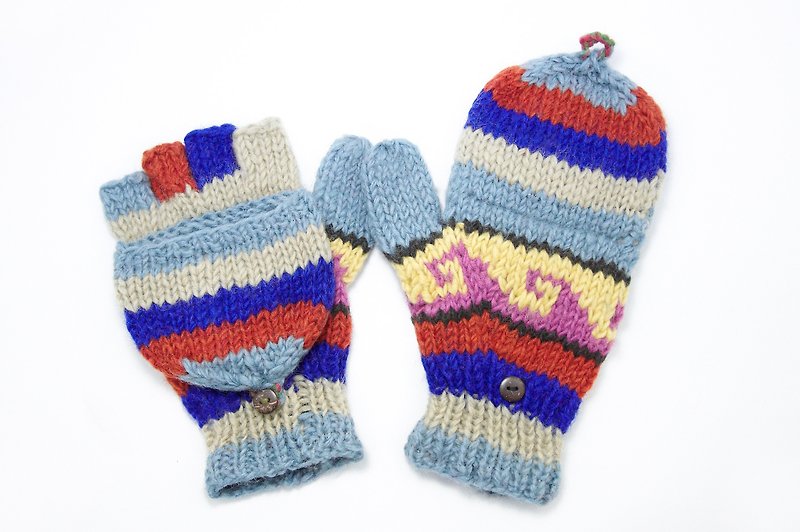 Western Valentine’s Day Gift Limited One Knitted Pure Wool Warm Gloves/ 2ways Gloves/ Open Toe Gloves/ Inner Brush Gloves/ Knitted Gloves-Blue Ethnic Totem - Gloves & Mittens - Other Materials Multicolor