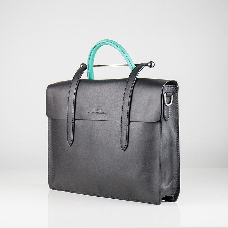 【 Musician 】Leather Shoulder Portable Music Score Briefcase - Black x Teal - Messenger Bags & Sling Bags - Genuine Leather Black