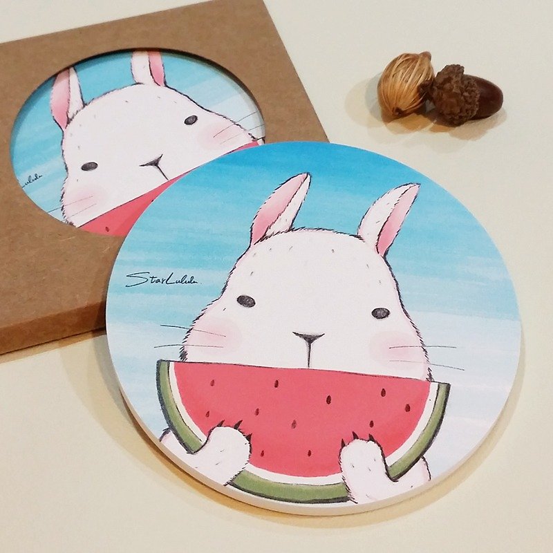StarLululu rabbits summer watermelon Dreams - Ceramic water coaster - Coasters - Other Materials White
