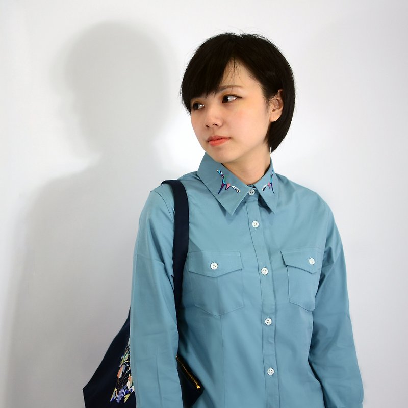 humming- Embroidered Shirt /embroidery collar /  sky blue - Women's Shirts - Other Materials Blue