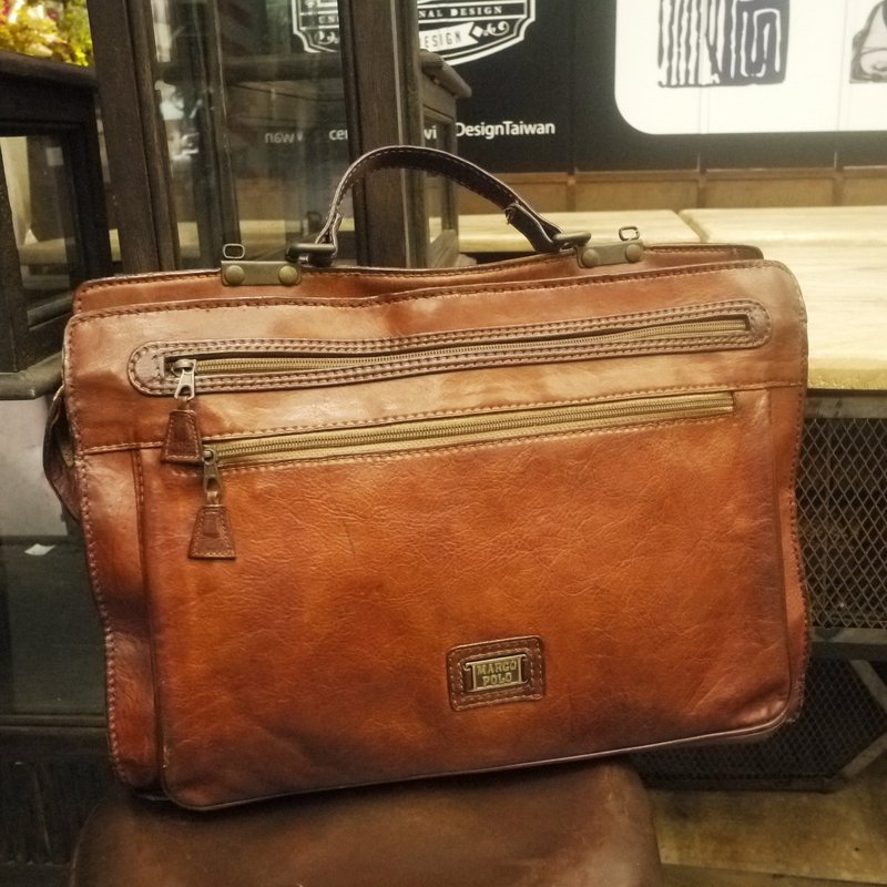 夕卡 Shika // Vintage bag 經典品牌 MARCO POLO 經典手提式公事包 義大利頂級手工皮件 {A3-108} - 公事包 - 真皮 咖啡色