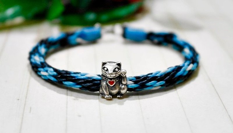 Thai Silk Wax X Silver _ Love Lucky Cat // Can Choose Color // => Limited X1 # Lucky # Cat # Cute - สร้อยข้อมือ - ขี้ผึ้ง สีน้ำเงิน