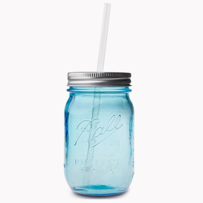 480cc 【MSA Blue BLUE100 Anniversary Edition】 Ball Jar engraved glass jar beverage bottle (send glass green straw) plus a no hole - หลอดดูดน้ำ - แก้ว สีน้ำเงิน