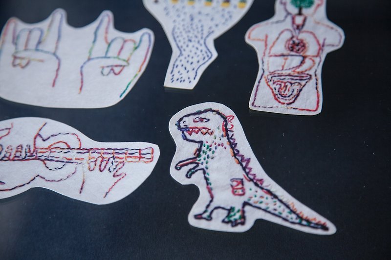 Tonight I hand - Embroidery stickers - logo embroidery series - dinosaur / human / Rock Dream / wanted to sing a song to you / We live in a rainy place (a group of five) - Stickers - Thread Multicolor