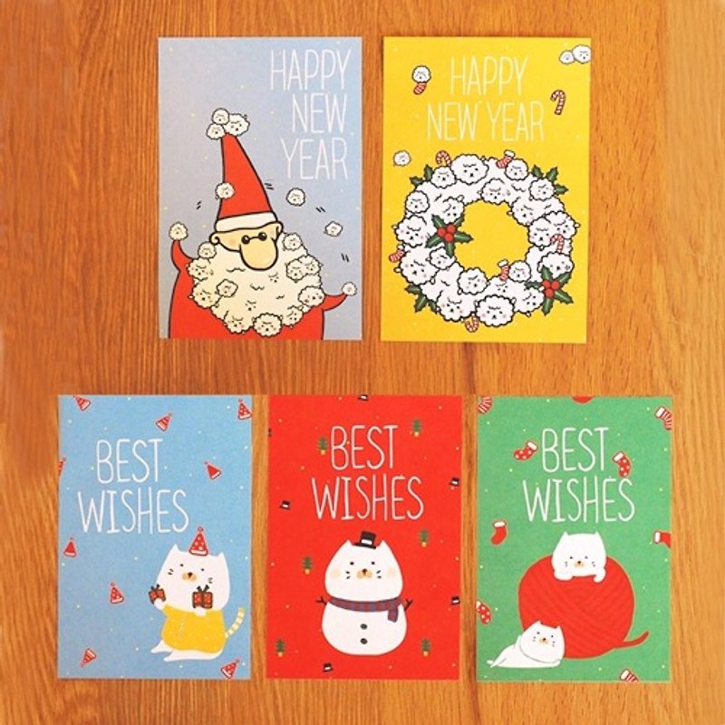 *Mori Shu* 聖誕新年卡套裝組-包子貓咪與泡泡羊的聖誕patty（五入/含信封） - 卡片/明信片 - 紙 多色