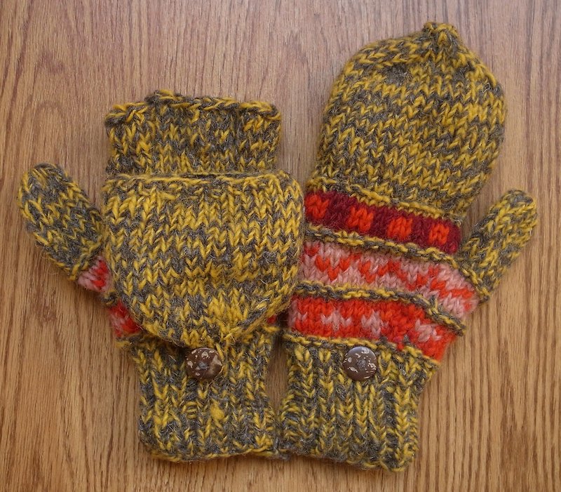 純羊毛手工編織手套 混色_黃 - 手套/手襪 - 羊毛 黃色