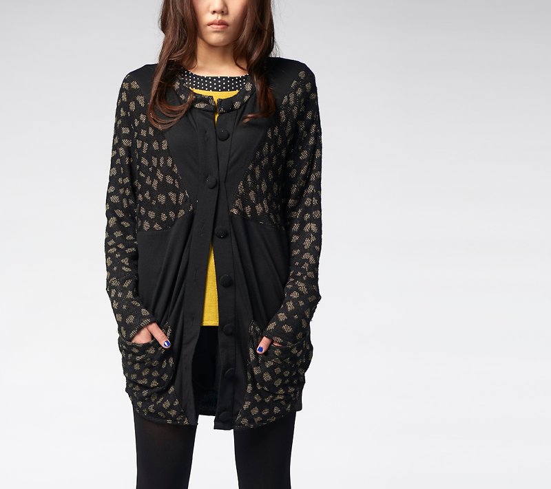 [Coat] Round color block stitching personality outer cover_black gold dots - เสื้อแจ็คเก็ต - วัสดุอื่นๆ สีดำ