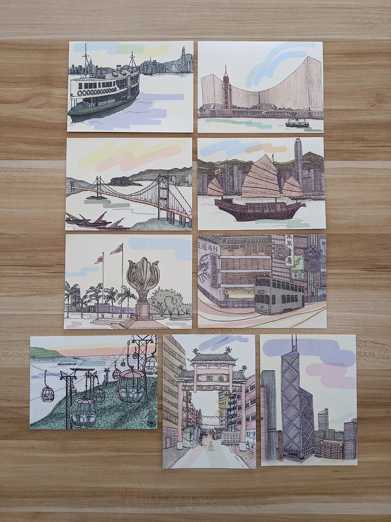 Hand drawn Postcard - Hong Kong Scenery - 10 pieces set - การ์ด/โปสการ์ด - กระดาษ หลากหลายสี
