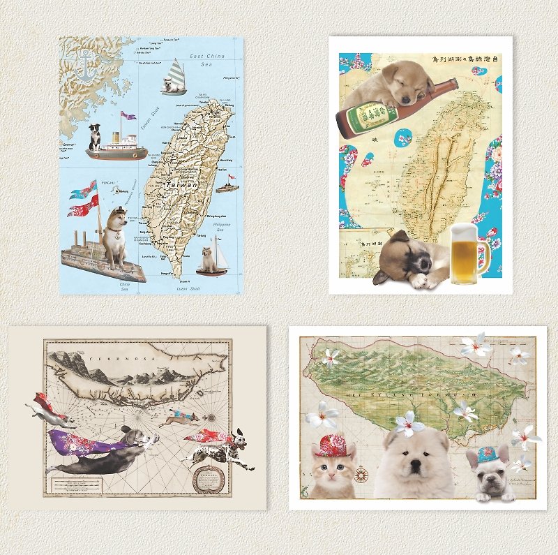 Taiwan map dog expedition postcard set (4 entries) - Cards & Postcards - Paper Multicolor