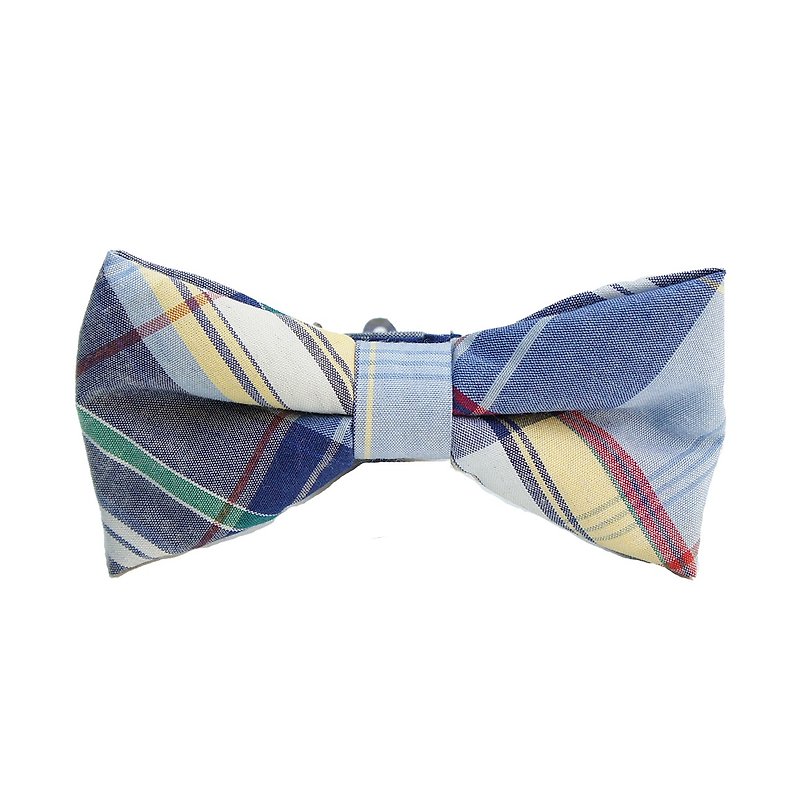 StoneasChic British Check Blue Tie Bow Tie - เนคไท/ที่หนีบเนคไท - ผ้าฝ้าย/ผ้าลินิน สีน้ำเงิน
