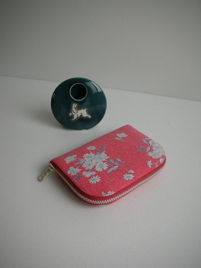 Matsuyama child pink daisy washed cotton - short clip / wallet / purse / gift only - the last one - กระเป๋าสตางค์ - ผ้าฝ้าย/ผ้าลินิน สีแดง