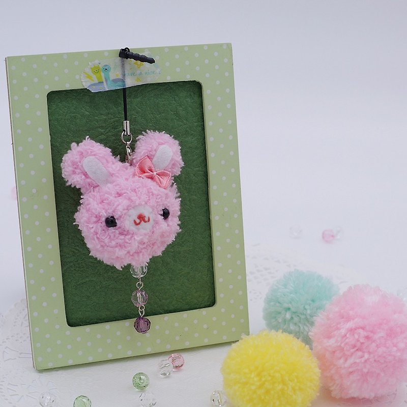 Knitted woolen soft mobile phone charm can be changed to key ring charm-little pink rabbit - Charms - Cotton & Hemp Pink