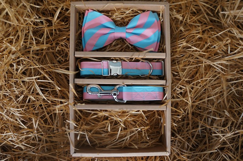 Dog Bow-tie Pink Light-Blue Stripes. - 項圈/牽繩 - 其他材質 粉紅色