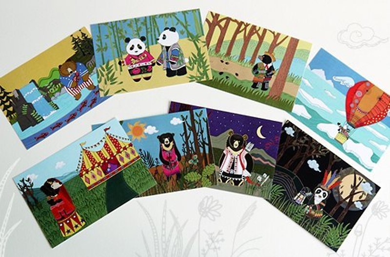 熊熊拿努搬新家系列插畫明信片組 8張 - 卡片/明信片 - 紙 多色