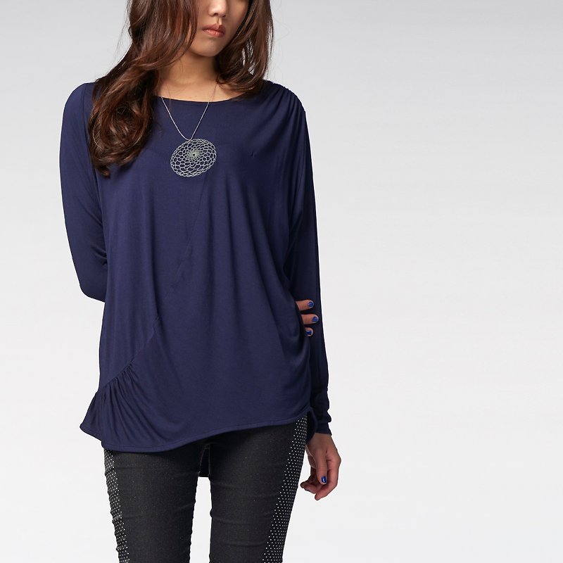【Top】_Shoulder Draping Top_ Blue - Women's T-Shirts - Cotton & Hemp Blue