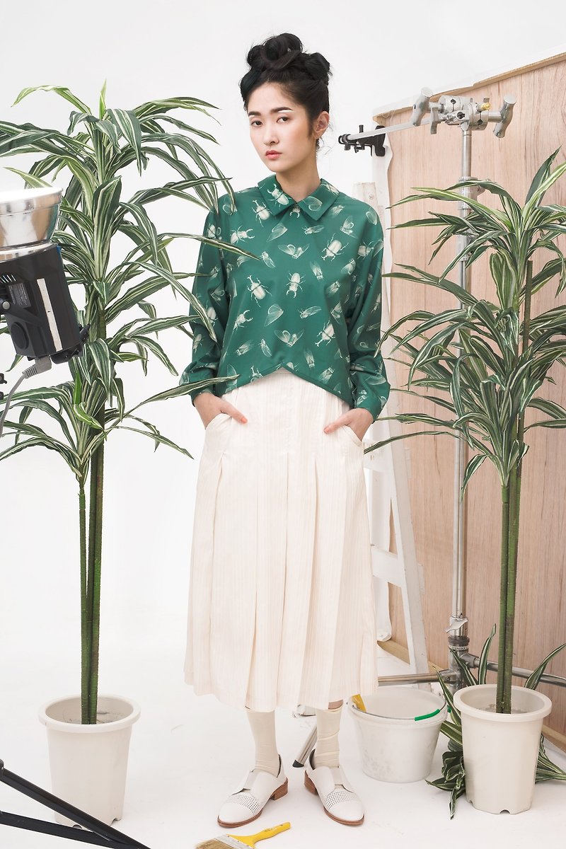 tan tan x Hsiao-Ron Cheng / 昆蟲印花襯衫上衣 - 女上衣/長袖上衣 - 其他材質 綠色