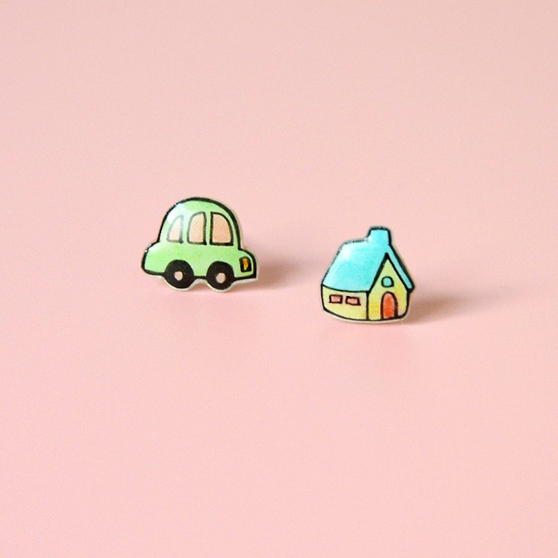 Small house and a small car fresh and lovely hand-painted sterling silver hypoallergenic earrings / ear clip magnet can change money - ต่างหู - พลาสติก สีเหลือง