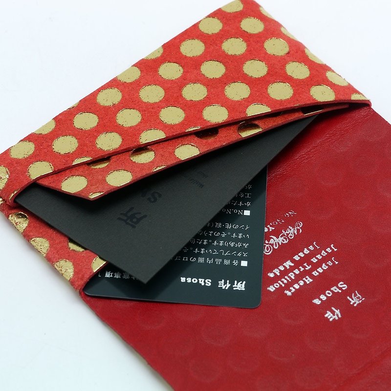 Japanese handmade-made Shosa vegetable tanned cowhide business card holder/card holder – Polka dots/red gold dots - ที่เก็บนามบัตร - หนังแท้ 