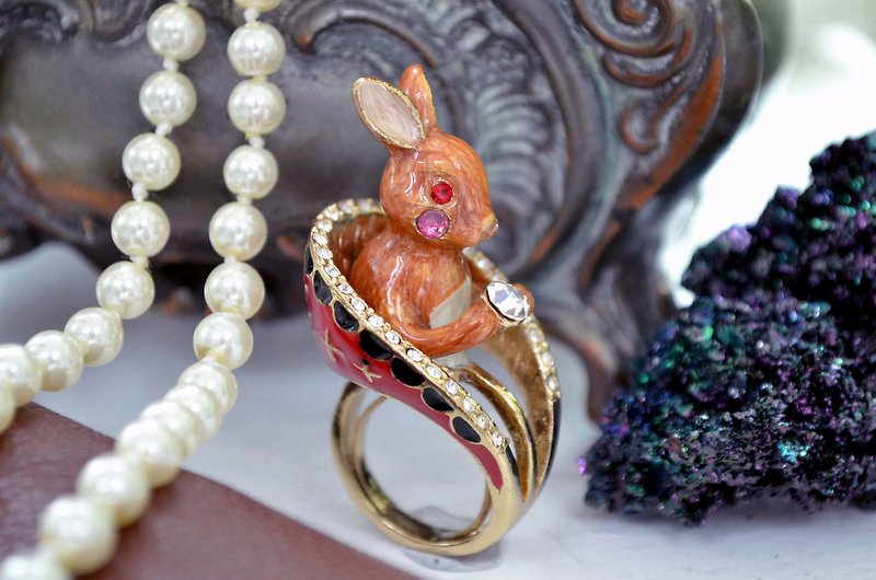 TIMBEE LO Brown Rabbit with Red Chair Ring Original Design elastic size adjuster - General Rings - Other Metals Red
