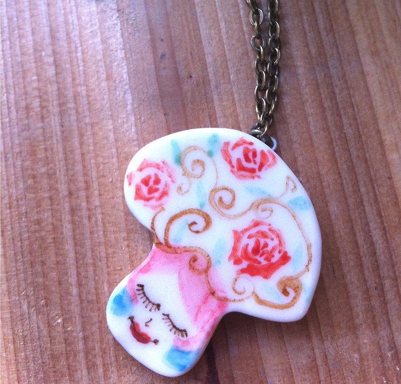 Lady Rose mushroom- ceramic necklace - Necklaces - Porcelain Pink