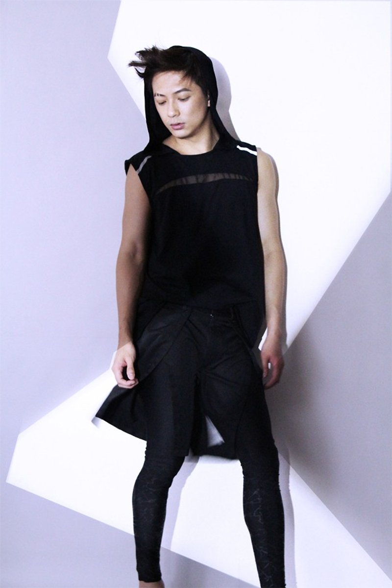 台湾のデザイナーズブランド メンズ ファッション デザイン アバンギャルド ファッション アフタースリット スリムフィット フード付きトップ ブラック - Tシャツ メンズ - その他の素材 ブラック
