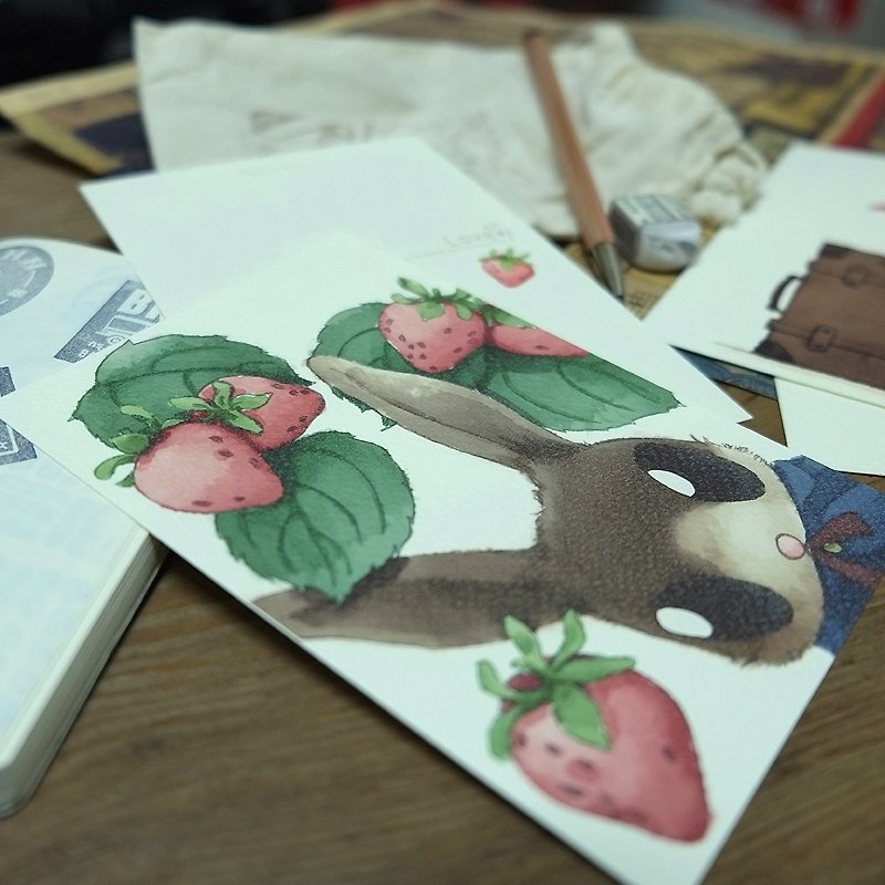 おまえレザーアクセサリー/木製キノコと栗色オリオール鳥昼食 - 日本の水彩画のイラスト描画の妖精森の風の食料品のはがき - カード・はがき - 紙 多色