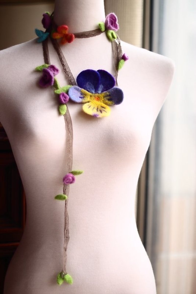 Spring Blossom Ribbon Necklace (Purple) Natural coffee dyed ribbon can also be used as a belt - Belts - Wool Purple