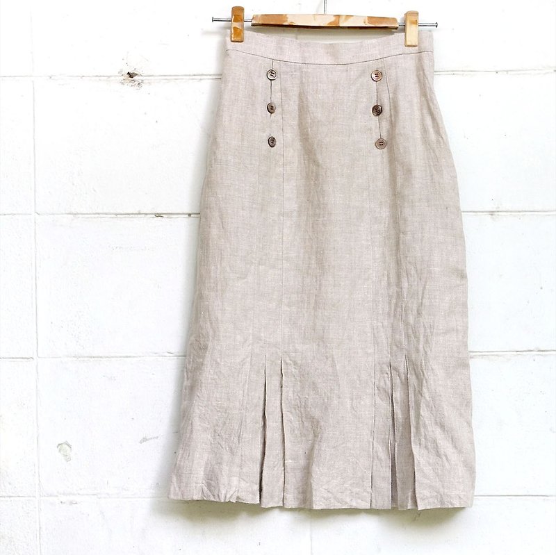 BajuTua / vintage / beige pleated skirt Chunma (micro-flaws) - Skirts - Cotton & Hemp Khaki