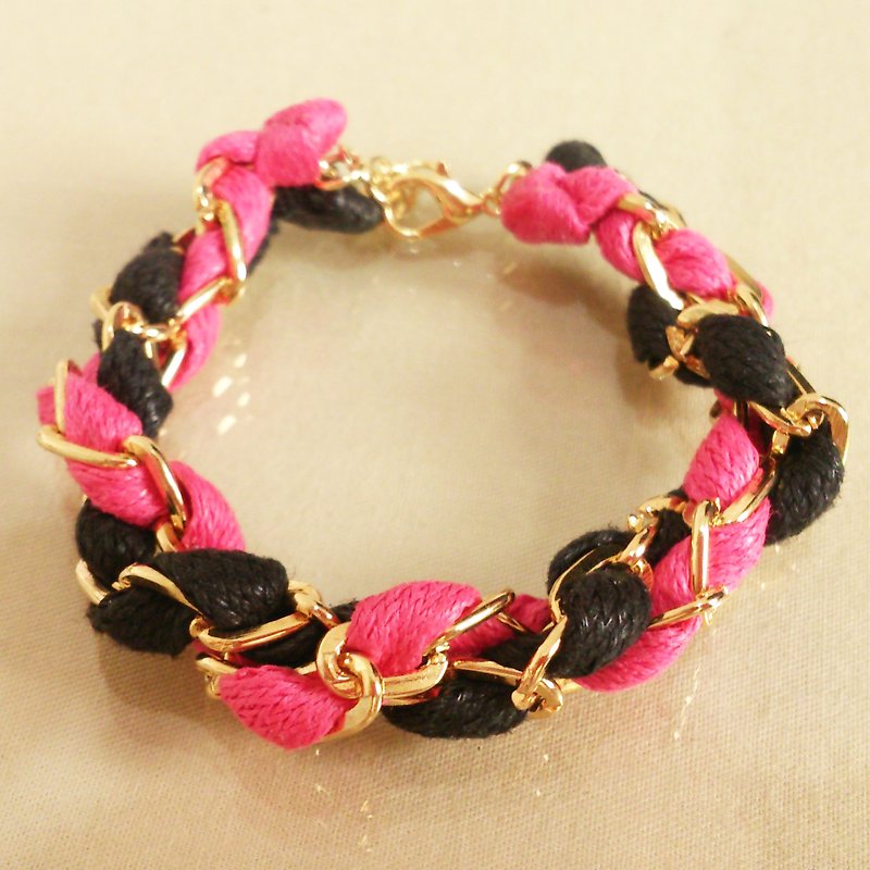 ～Fairy Tale～Double Circle Color Wax Rope Bracelet～Cinderella’s Bad Sister～Black+Peach Pink - Bracelets - Other Metals Pink