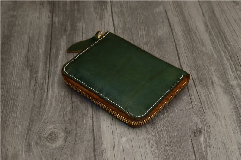 Handmade vegetable tanned leather zipper wallet - กระเป๋าใส่เหรียญ - หนังแท้ สีเขียว