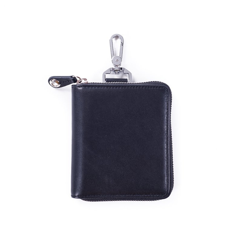 Patina leather handmade 2 card zipper short clip - กระเป๋าสตางค์ - หนังแท้ สีดำ