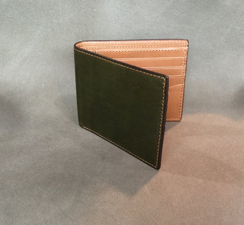 isni Wallet brown & green design/ Handmade leather - กระเป๋าสตางค์ - หนังแท้ สีเขียว