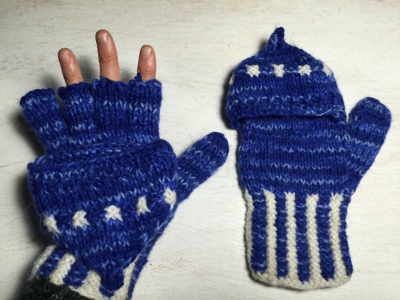 祕魯手工毛料蓋子手套-藍 - Gloves & Mittens - Other Materials Blue