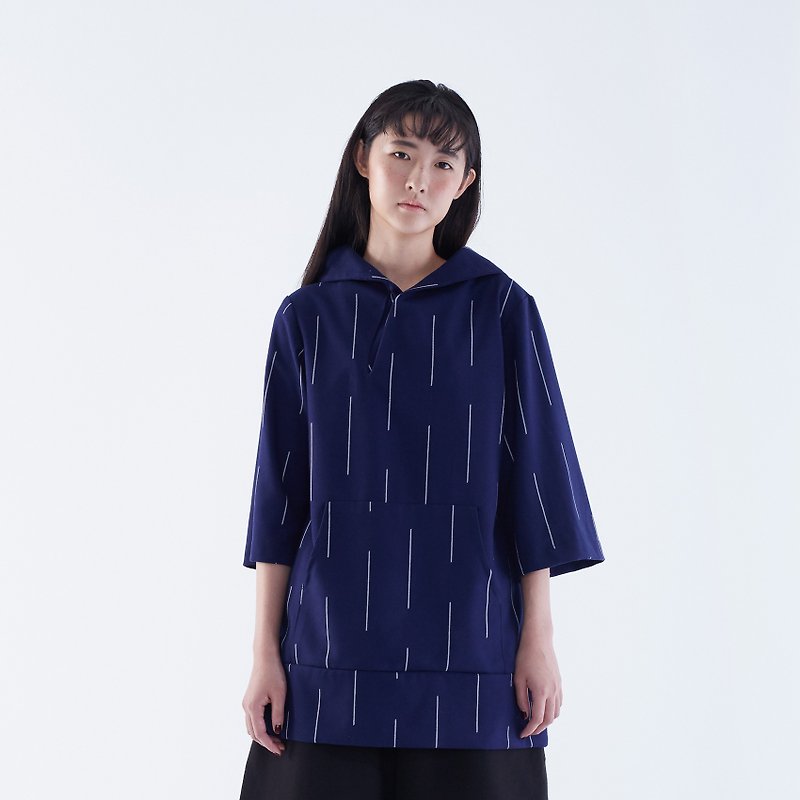 TRAN - Wide Sleeve Y-Neck Hoodie - เสื้อผู้หญิง - ผ้าฝ้าย/ผ้าลินิน สีน้ำเงิน