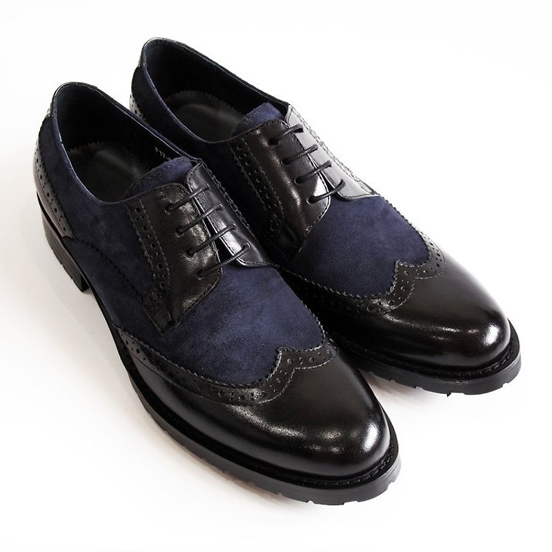 [LMdH]C1A11-39小牛皮麂皮拼接配色翼紋雕花木跟手工德比鞋‧藍配黑色‧免運費 - Men's Casual Shoes - Genuine Leather Blue
