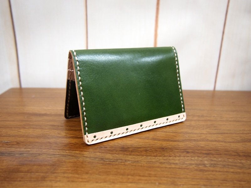 [Retro Series] chrome green vintage hand-stitched leather card holder card package business card holder - กระเป๋าสตางค์ - หนังแท้ สีเขียว