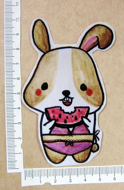 毛球工坊 手繪插畫風格 完全 防水貼紙 夏日 兔兔 女孩 海灘 吃西瓜