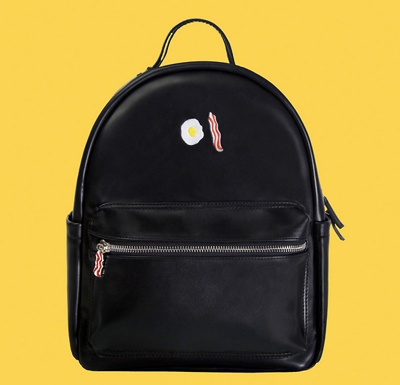 After YIZISTORE embroidery PU shoulder bag backpack - black omelette - Backpacks - Genuine Leather Black