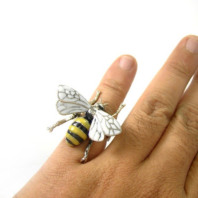 Bee ring in white bronze with enamel color - General Rings - Other Metals 