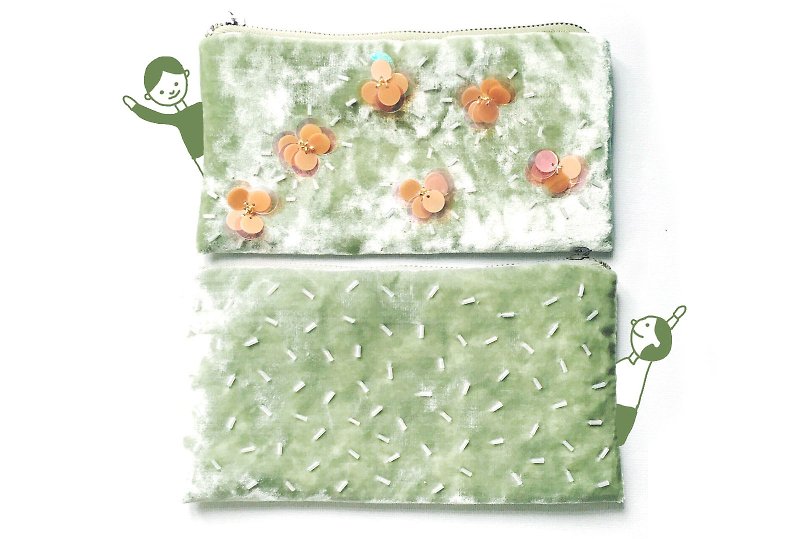 梅花手工釘珠收納袋（前後） - 化妝袋/收納袋 - 其他材質 綠色