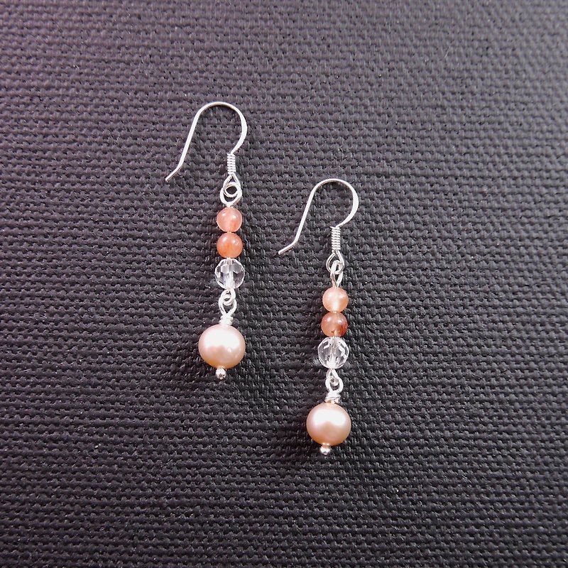 [ColorDay] Rosy Love Series ~ natural pearl + white crystal + agate sterling silver earrings - Earrings & Clip-ons - Gemstone White