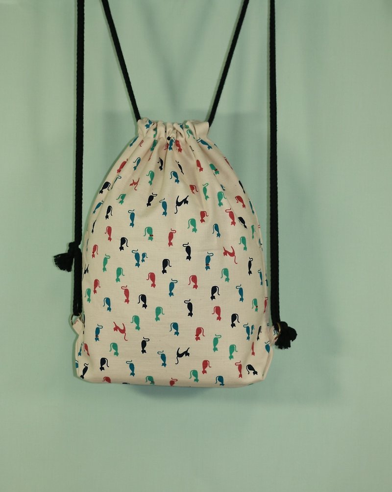 Naughty colorful cat's back pack - Drawstring Bags - Cotton & Hemp Multicolor
