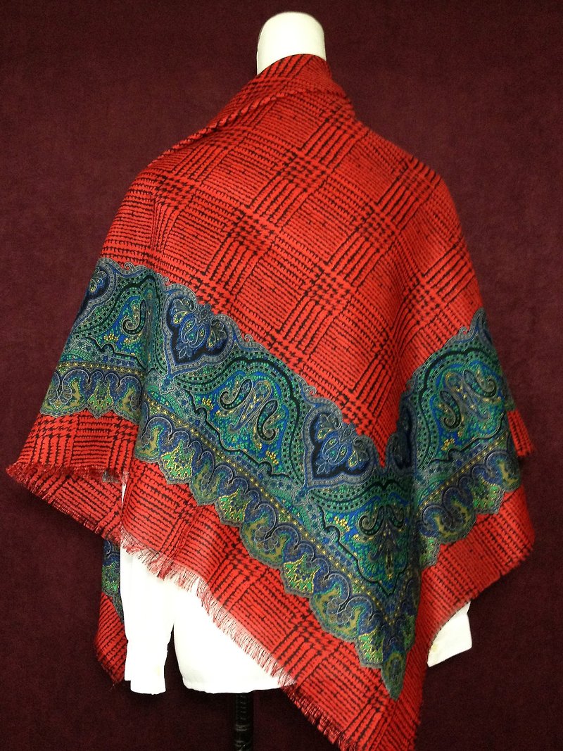 When vintage [antique shawl / Italian made red checkered totem antique shawls] oversized high texture totem - ผ้าพันคอ - วัสดุอื่นๆ สีแดง