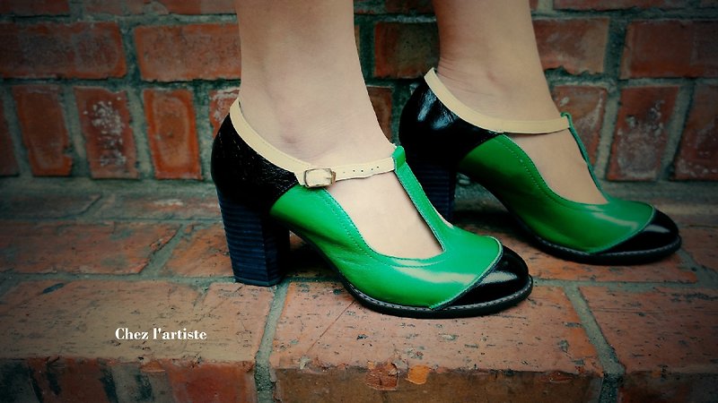妳一步步踩踏我的滯留。不多話黑綠瑪麗珍 - รองเท้าลำลองผู้หญิง - หนังแท้ สีเขียว