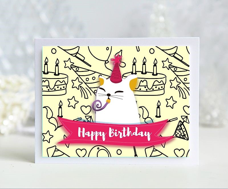3張Happy birthday生日派對貓咪套卡(粉黃/粉紅/粉藍)/純手工英文卡片 - 心意卡/卡片 - 紙 多色
