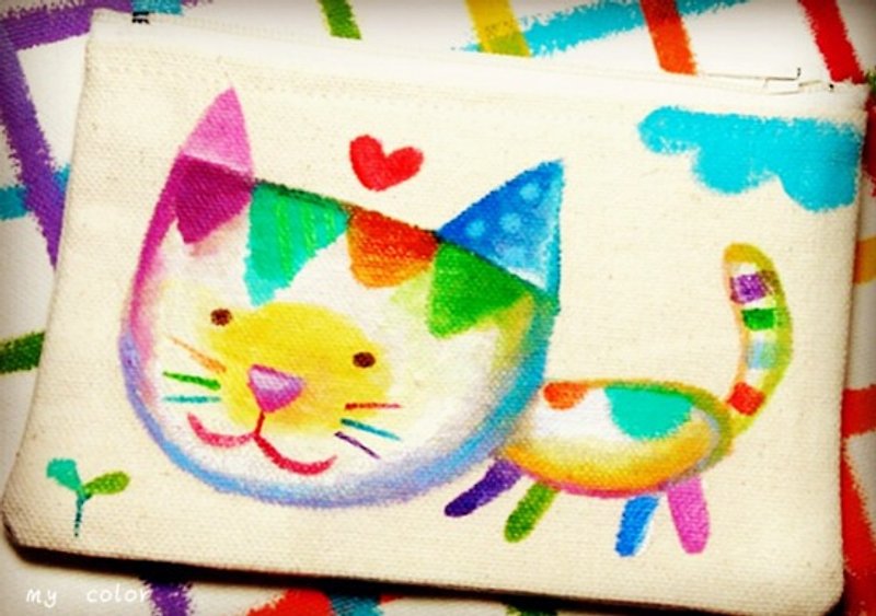 [Pure hand-painted] hand bag | coin purse | universal bag | canvas | cat | lovely wind - Coin Purses - Other Materials Multicolor