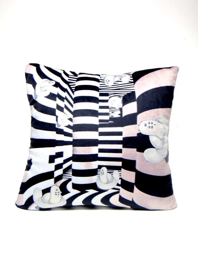 "Gookaso" caterpillar cartoon printed in black and white psychedelic version of the original design pillow 45x45cm - Pillows & Cushions - Paper Black