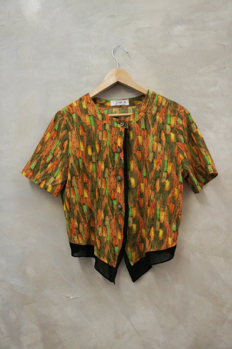 PdB vintage yellow-green colored printing gauze skirt short linen shirt - เสื้อเชิ้ตผู้หญิง - วัสดุอื่นๆ หลากหลายสี